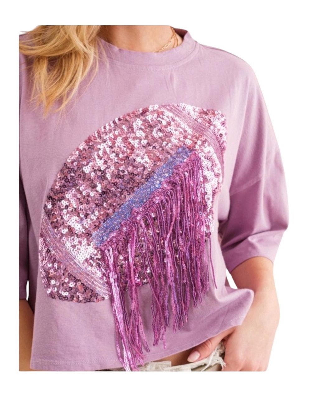 NEW blue b Light Pastel Purple Sequin Fringe Football Tee T-Shirt NFL Minnesota